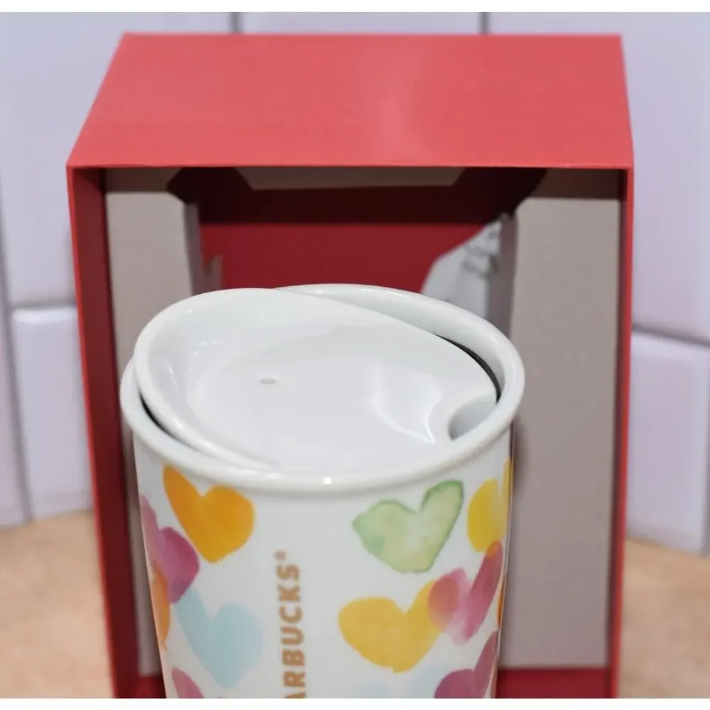 Starbucks Watercolor Hearts DOT 10 oz Ceramic Travel Tumbler Coffee Mug 2015 NWT